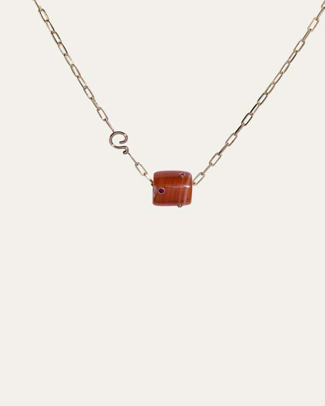 14K Yellow Gold Ruby Orange Carnelian Snow Globe Necklace